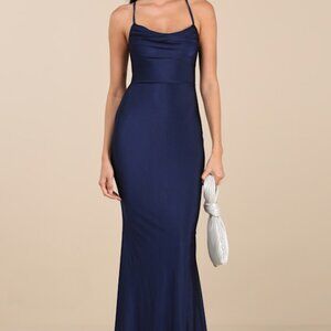 Lulus Cute Definition Navy Slinky Knit Cowl Neck Maxi Dress Blue - Size XL